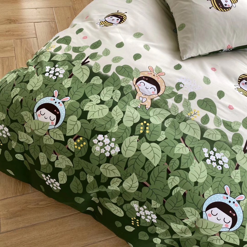 Bộ chăn ga Cotton Poly M2t bedding chăn ga Hàn Quốc họa tiết cô bé ong đủ size miễn phí bo chun