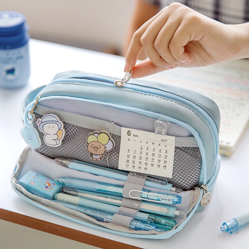 Túi Đựng Bút 3 Lớp Dễ Thương Phong Cách Hàn Quốc Cho Nữ Sinh Nhật Bản Kèm 2 Huy Hiệu