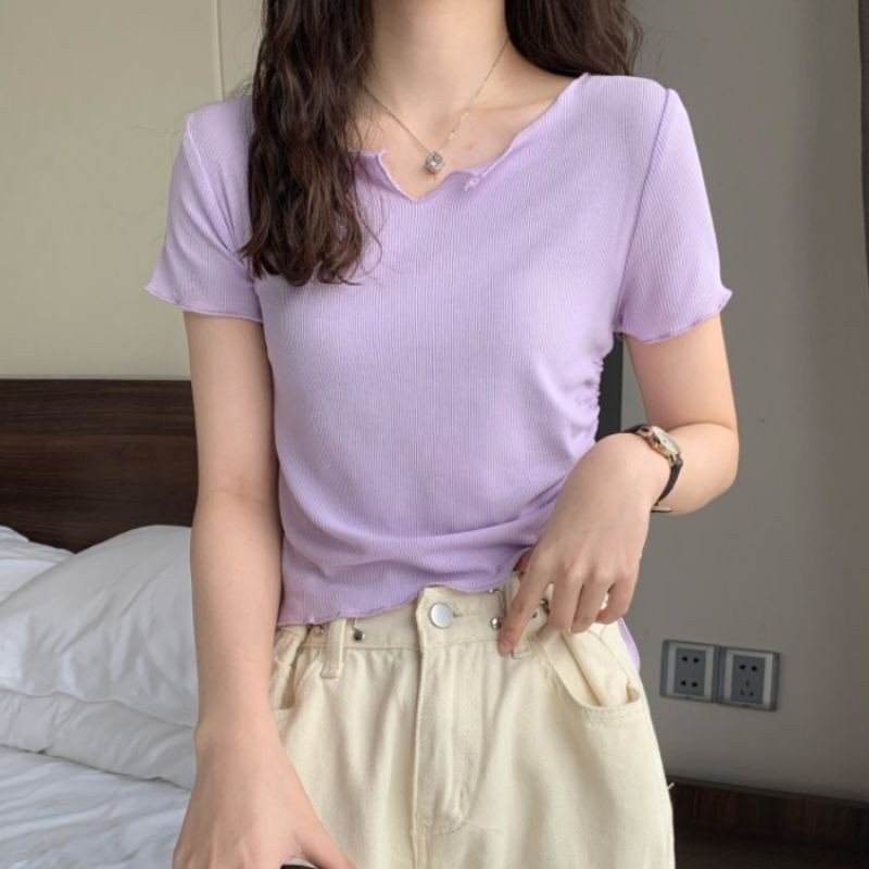 Áo Croptop Cổ V Dây Rút 1 Bên GenY Áo Kiểu Nữ Cuốn Biên Chất Borip Mềm Mịn -CR6 | BigBuy360 - bigbuy360.vn