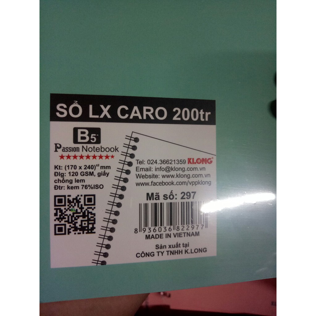 Sổ KLONG Caro lò xo kép B5-200 trang; MS: 297