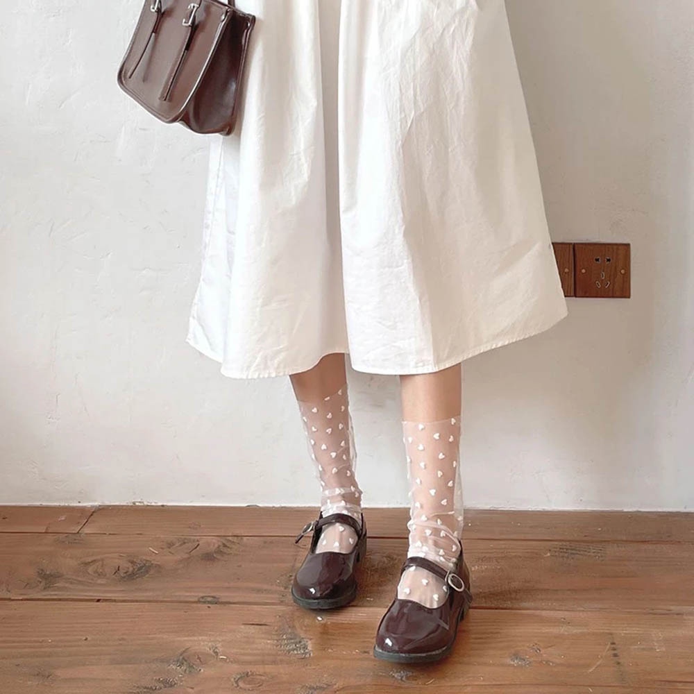Vớ ren voan nylon trong suốt họa tiết chấm bi/trái tim nhiều màu thời trang cho nữ