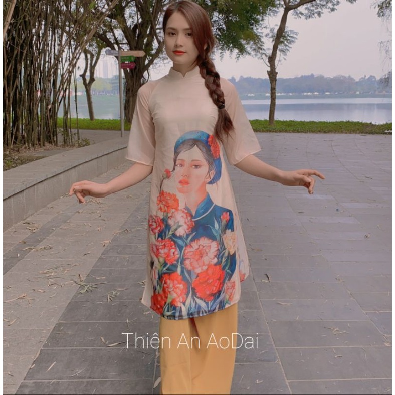 Áo dài Lụa 4 tà họa tiết cô gái