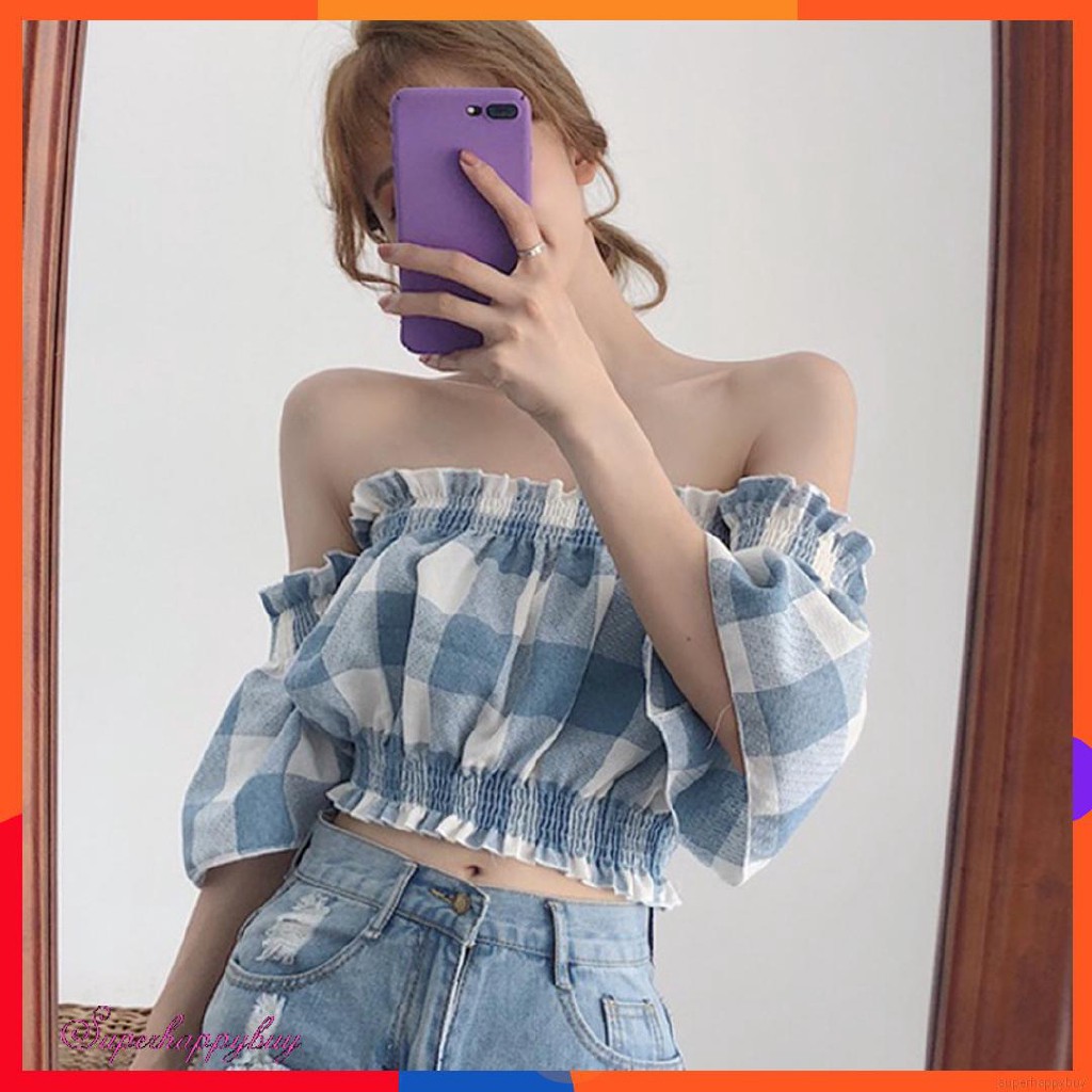 Áo kiểu trễ vai họa tiết sọc ca rô phong cách Hàn Quốc dành cho nữ