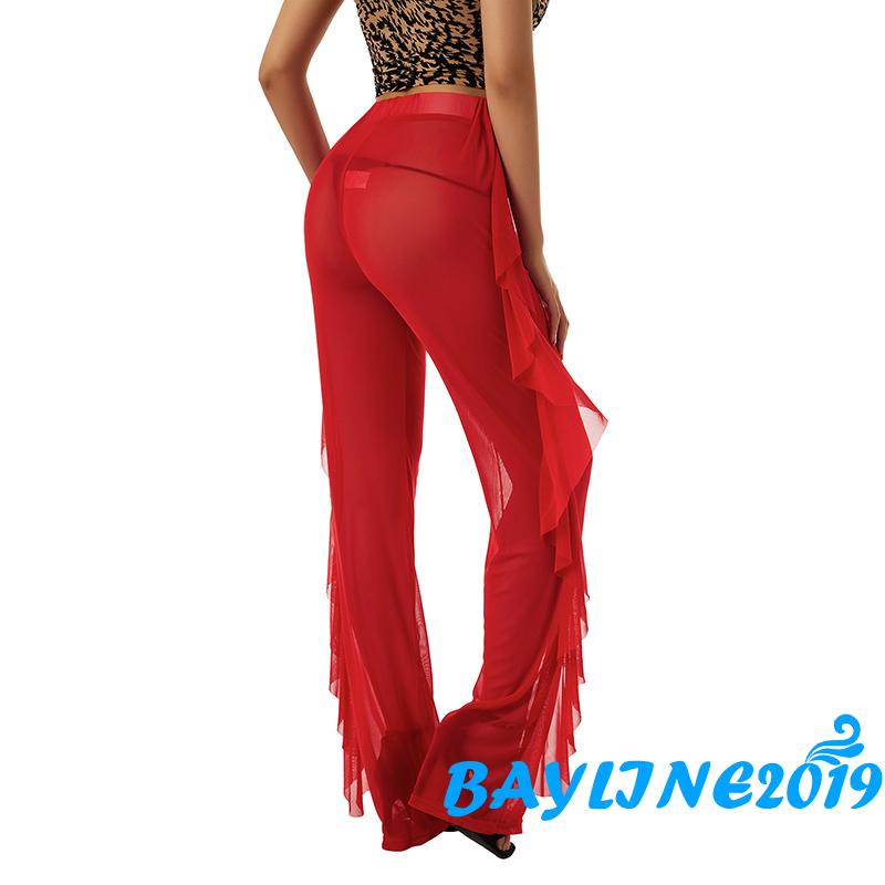 Bay-quần Dài Lưng Cao Ống Rộng Phối Lưới Xuyên Thấu Mặc Ngoài Bikini Đi Biển Dành Cho Nữ