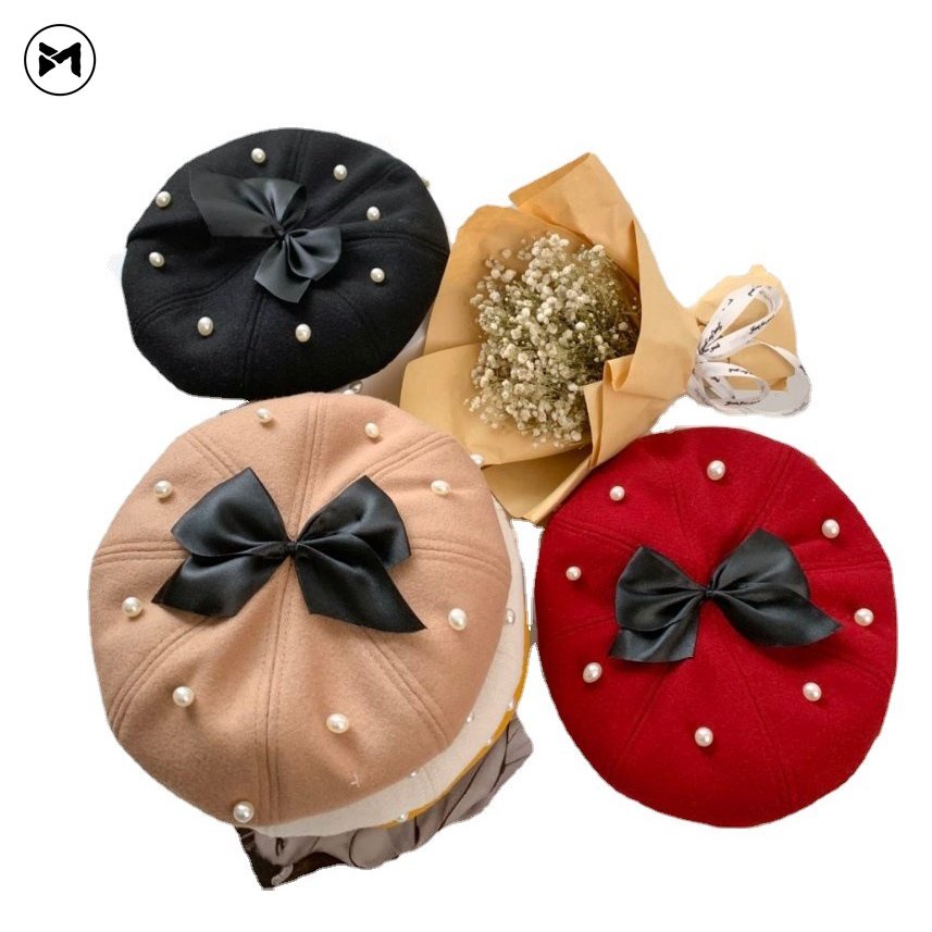 Mũ Beret Len Dày Đính Nơ Ngọc Trai Thời Trang Nhật Hàn Mới 2022