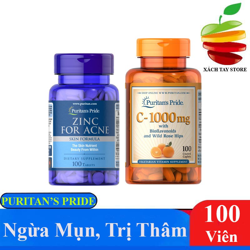 Combo Hoàn Hảo Ngừa - Giảm Mụn, Làm Mờ Vết Thâm Zinc for Acne & Vitamin C-1000mg