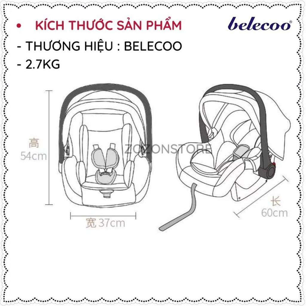 Ghế ngồi ô tô cho bé Belecoo chính hãng CAR SEAT an toàn cho trẻ em từ sơ sinh tới 3 tuổi gắn được vào xe đẩy nôi Zozon