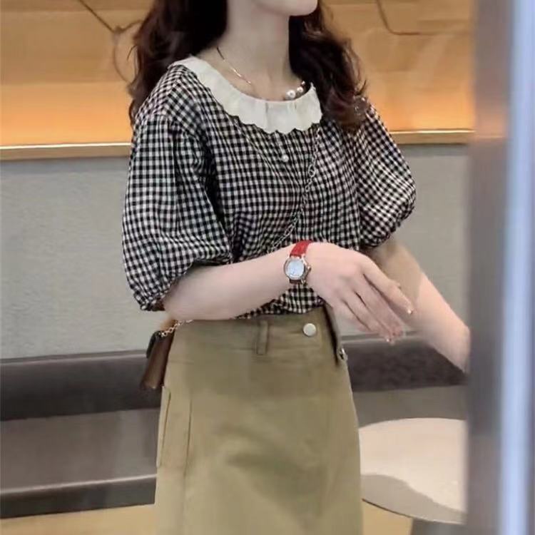 SUXI Áo Sơ Mi Caro Cổ Tròn Dáng Rộng Phong Cách Hàn Quốc Thời Trang Mùa Hè Cho Nữ