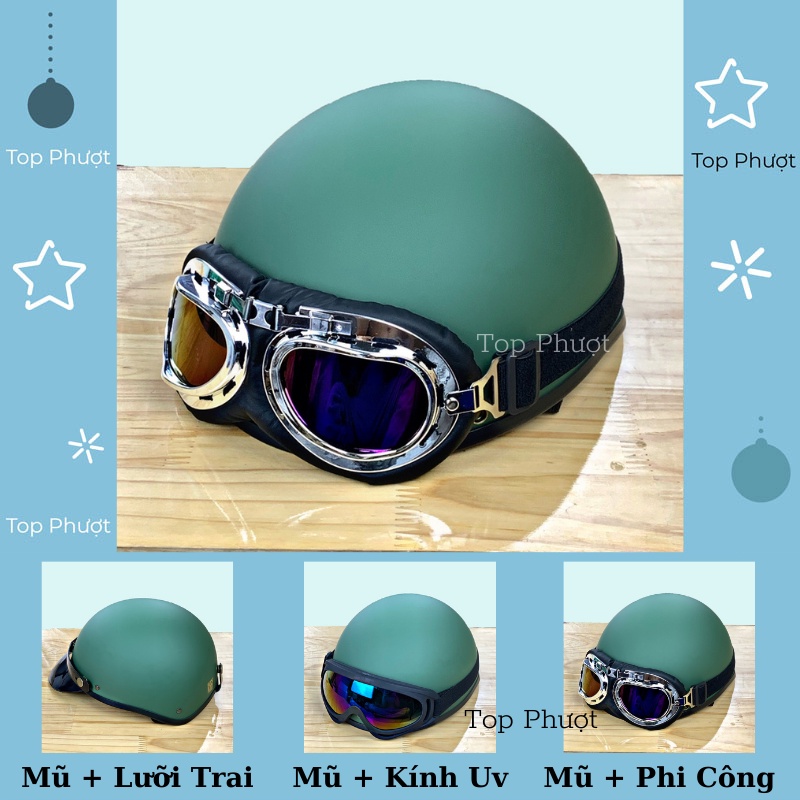 Mũ bảo hiểm 1/2 màu xanh rêu lính kèm kính phi công và kính UV xốp ép - khóa đỏ