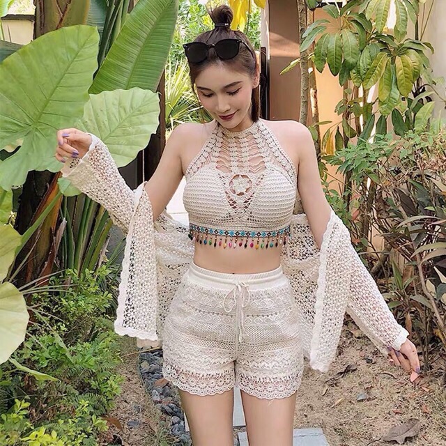 Áo bra đan móc kiểu tua rua ngọc màu sắc (có mút ngực)