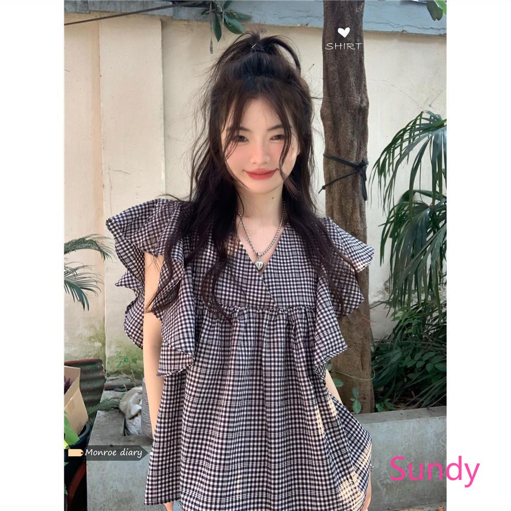 Áo Sơ Mi Cổ Chữ V Dáng Rộng Hoa Văn Kẻ Ô Thời Trang Mùa Hè Ngọt Ngào Dành Cho