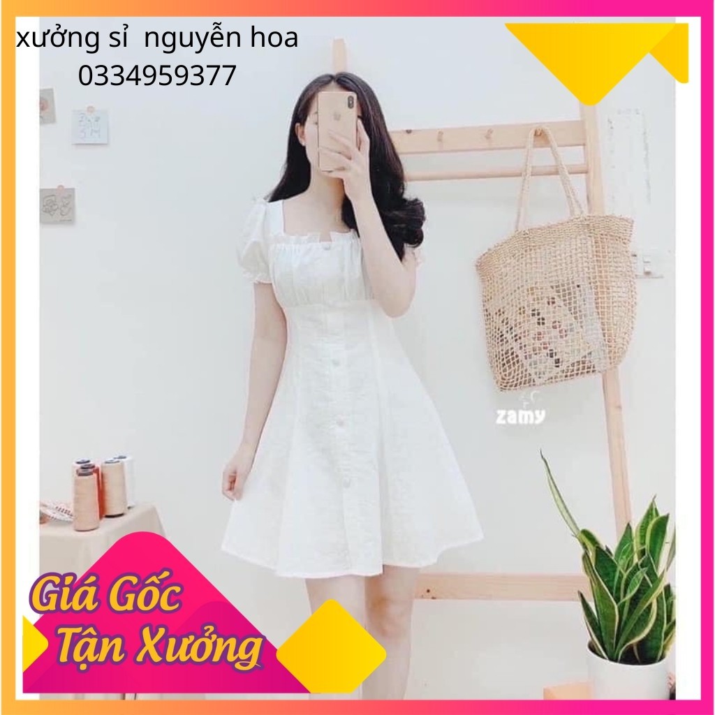 Váy cổ vuông nhún ngực ngắn tay trắng/be phong cách hàn quốc xinh xắn