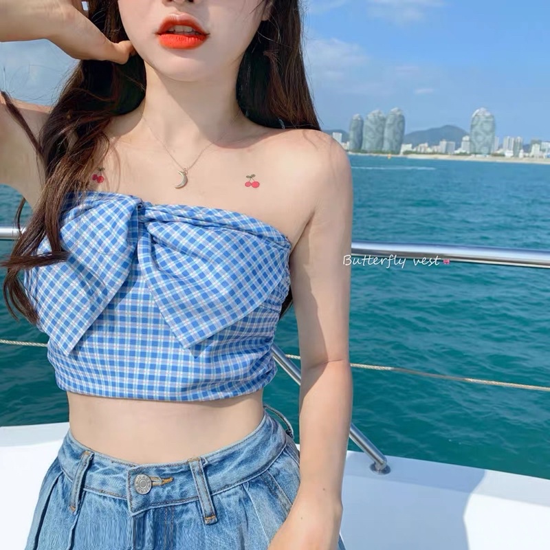 áo quây thô kẻ xanh nơ ngực