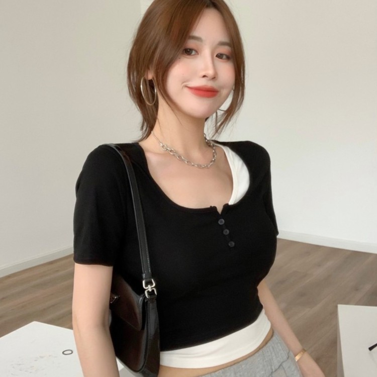 Áo Thun Tay Ngắn Giả Hai Lớp Phong Cách Hàn Quốc Cho Nữ