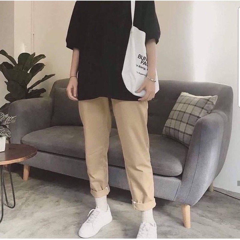 Quần Baggy Nam Nữ KAKI Ống Suông Basic Unisex - Kiểu quần kaki ống rộng suông thun đen và be tan