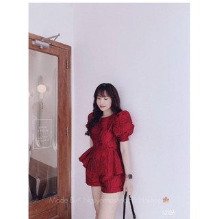 Set áo gấm xốp peplum tay phồng + short