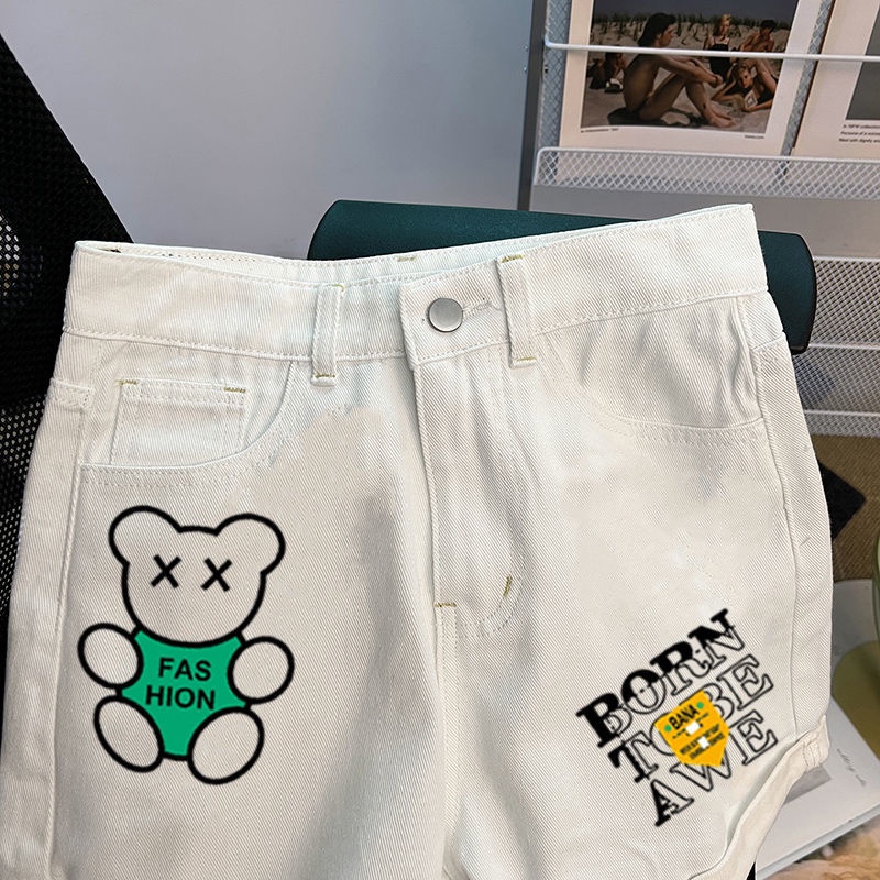 Quần Đùi Denim Ống Rộng Chữ A Hình Gấu Mới Mùa Hè Cho Nữ