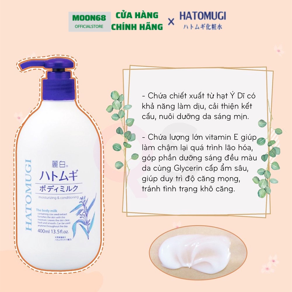 Sữa tắm Dưỡng thể sáng da ban đêm Hatomugi Moisturizing &amp; Conditioning The Body 400ml - Moon68