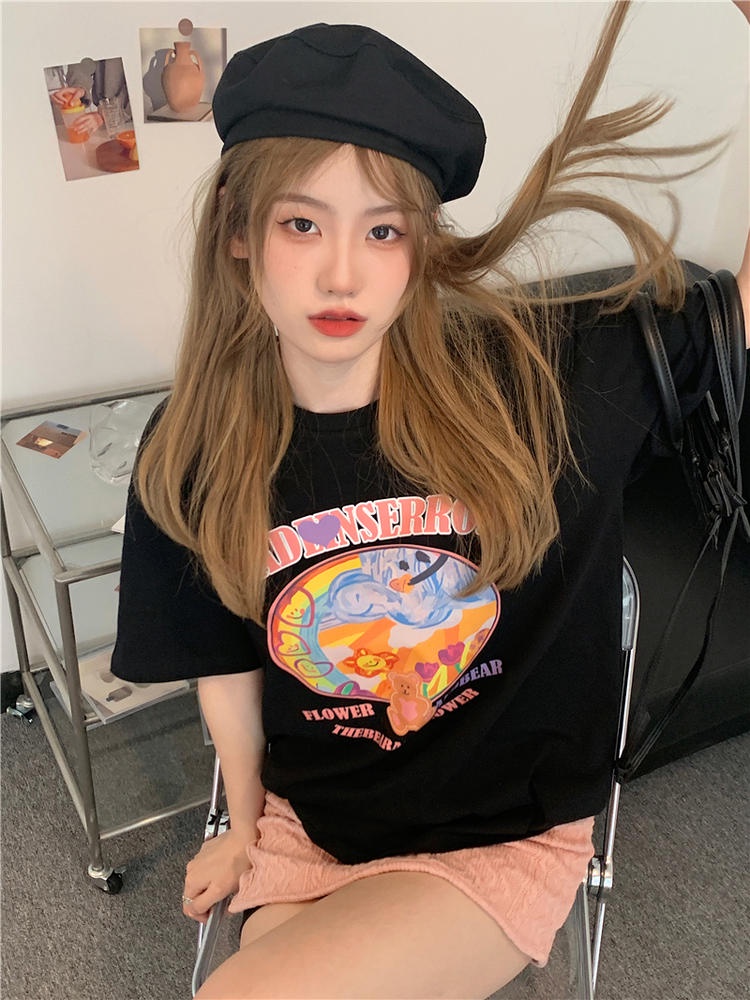 Áo Thun Dáng Rộng Ngắn Tay Cổ Tròn In Hình Gấu Và Chữ 50254 Hợp Mùa Hè