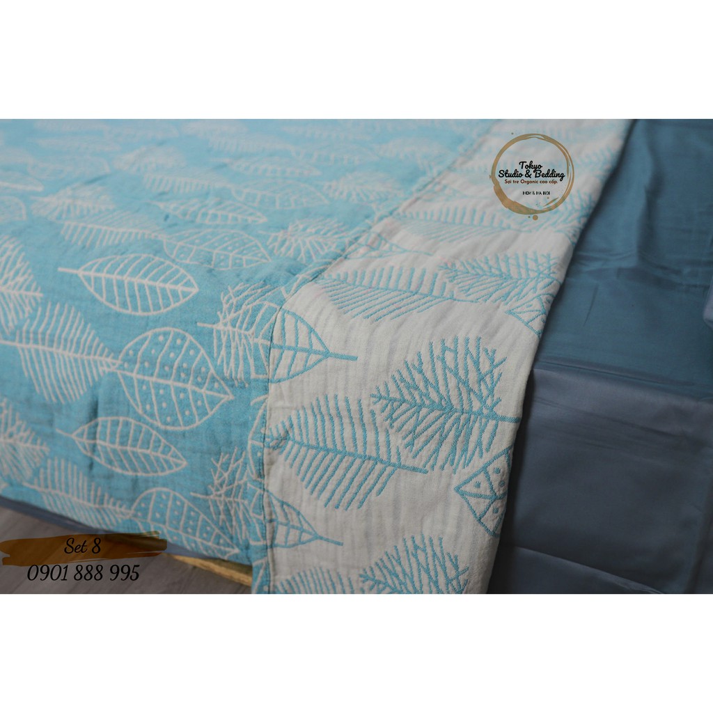 Set 08_Chăn Xô Cotton Sợi tre Organic dòng Basic &amp; Ga gối Lụa