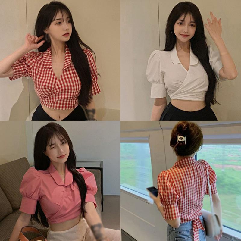 Áo Croptop Tay Ngắn Cổ Chữ V Họa Tiết Sọc Caro Phong Cách Hàn Quốc | BigBuy360 - bigbuy360.vn
