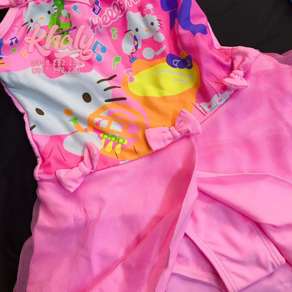 Bộ đồ bơi 2 dây liền thân phối lưới hình Hello Kitty nơ màu hồng có size (S,M,XL,XXL) dành cho trẻ em, bé gái - 70HEG325