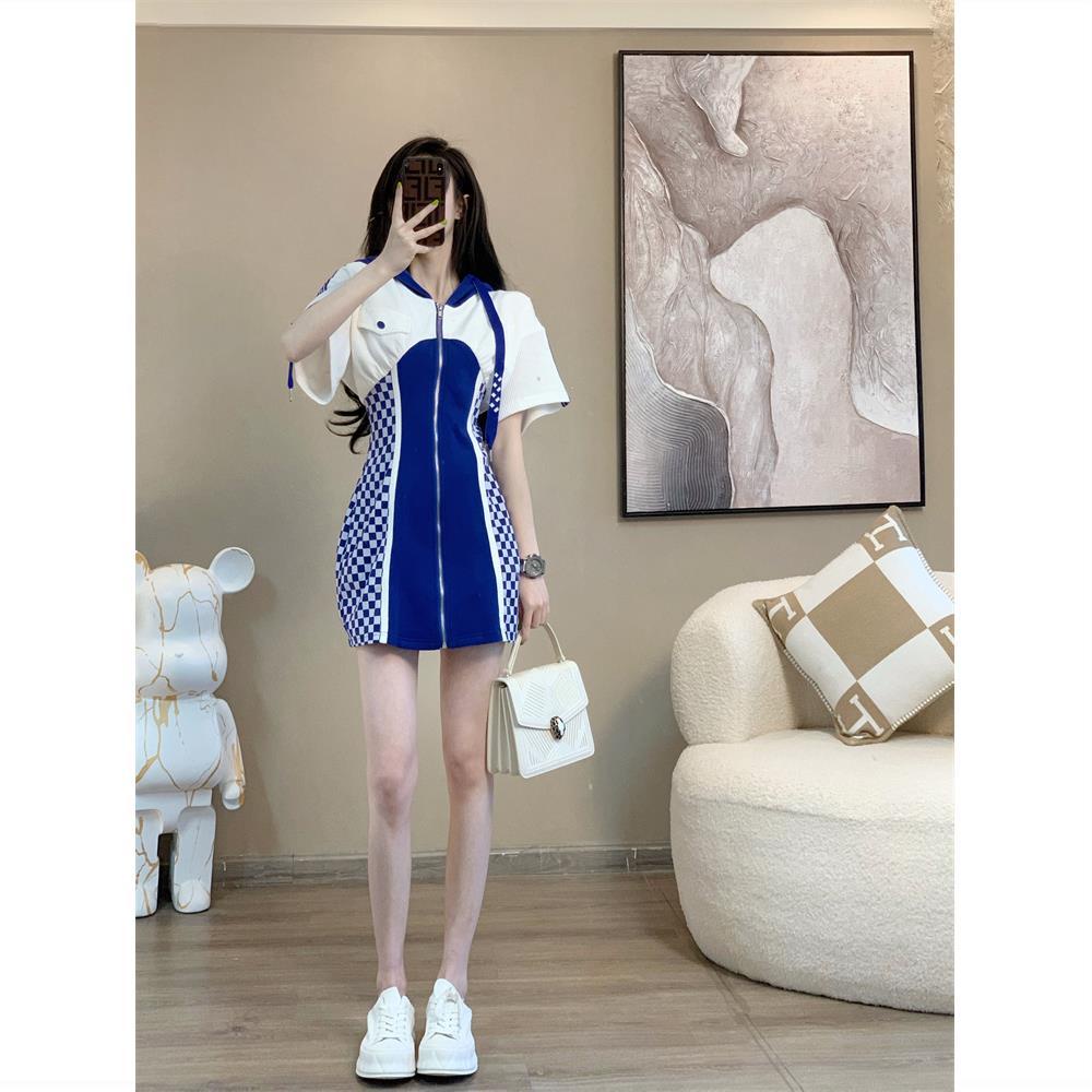 Casual fashion dress 2022 new women's summer casual fashion blue checkerboard dress