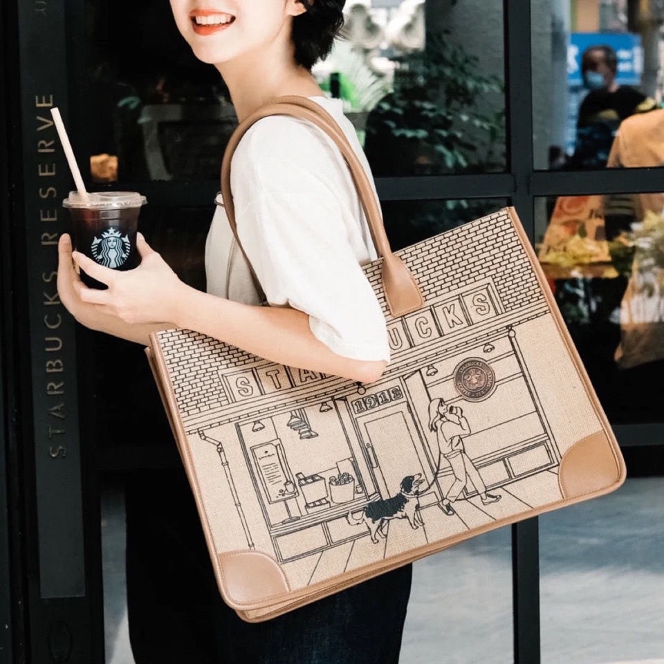 Túi xách canvas đeo 1 bên vai họa tiết Starbucks bộ sưu tập giới hạn năm 2021 kỷ niệm lần thứ 50 vintage sức chứa lớn