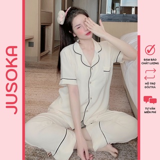 Hình ảnh Đồ ngủ nữ Pijama mặc nhà chất liệu xốp nhún áo cộc quần dài siêu mềm mịn JUSOKA TN01 chính hãng