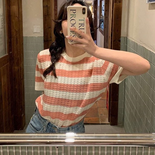 Áo dệt kim ZHELIHANGFEI ngắn tay cổ tròn họa tiết ca rô phong cách Hàn Quốc dành cho nữ
