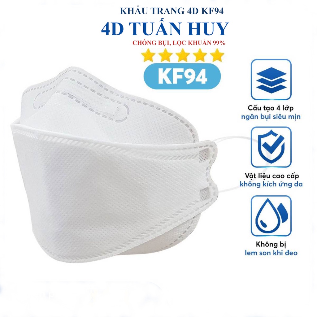 Combo 100 khẩu trang KF94 thiết kế 4D Màu Trắng Loại Dày TUẤN HUY  chống bụi mịn và kháng khuẩn cao cấp Hàn Quốc