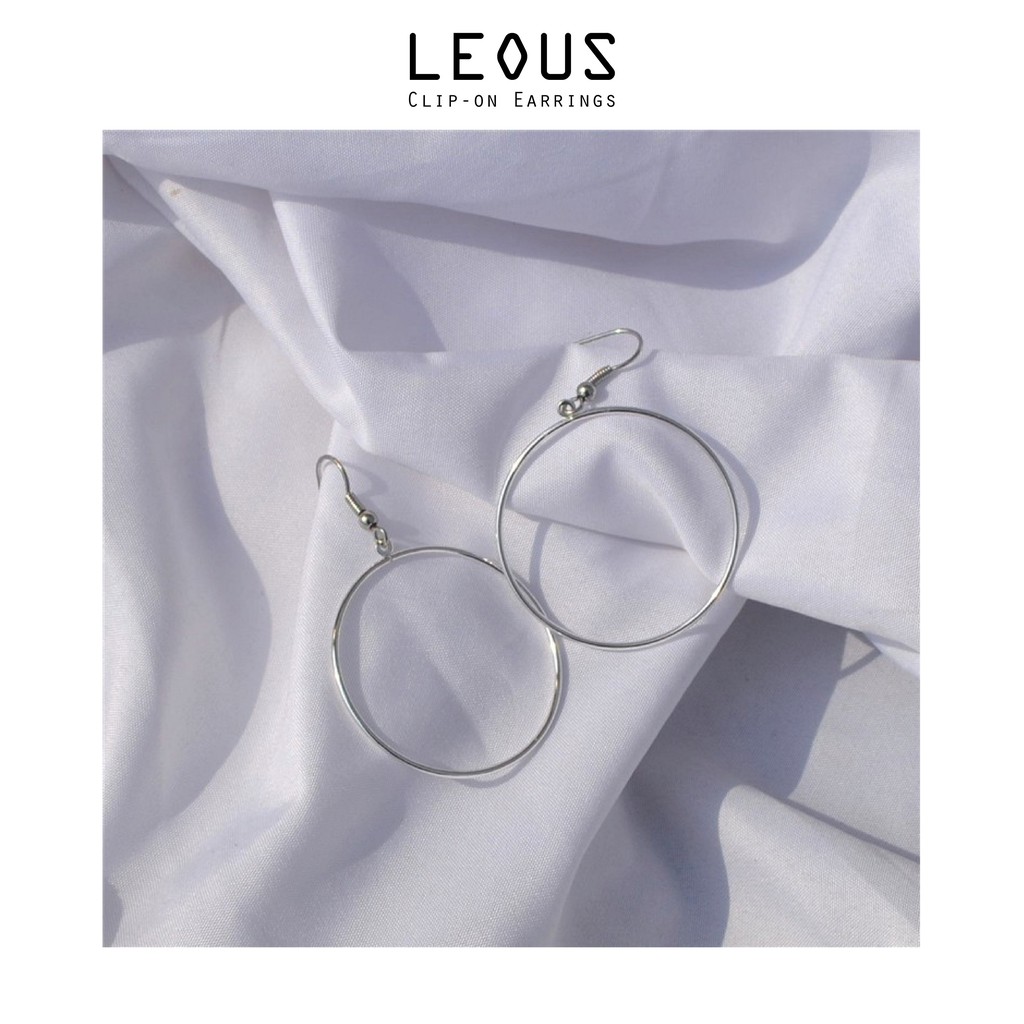 Khuyên tai kẹp không bấm lỗ chốt điều chỉnh K125 bằng hợp kim mạ bạc hình tròn bigsize dáng dài Leous Accesories