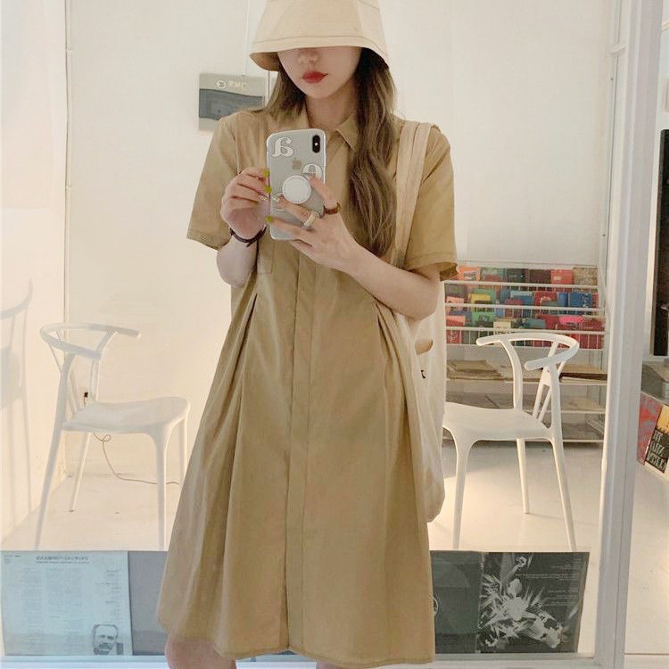 Đầm váy polo cổ sơ mi thô túi ngực xếp ly eo cộc tay ulzzang chất thô V16 VAVASA