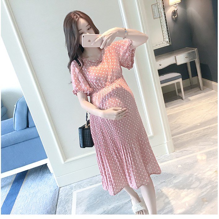 BIGSIZE 85KG Váy đầm bầu hồng chấm bi thiết kế cho mẹ bầu công sở, dự tiệc lịch sự trẻ trung mới mùa hè thoáng mát