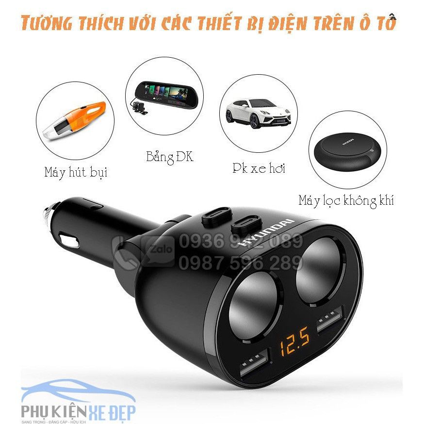 Bộ chia tẩu sạc Hyundai 2 cổng tẩu 2 usb cho ô tô, cổ quay 90 độ dễ dàng điều chỉnh góc cắm trên xe