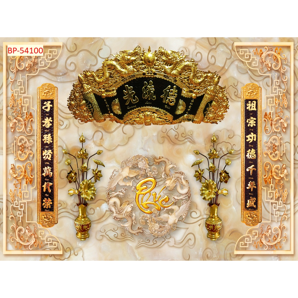 Tranh Dán tường 3d Phòng thờ, bàn thờ câu đối 2 bên, phong cách truyền thống