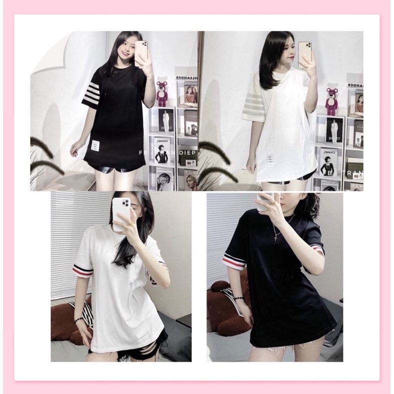 Áo polo nữ kẻ sọc 2 màu đen trắng, áo phông thom nữ vạch tay chất cotton siêu mát