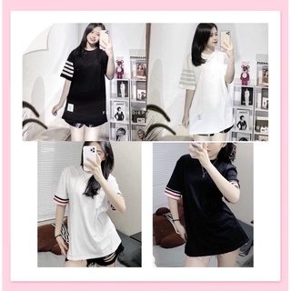 Áo polo nữ kẻ sọc 2 màu đen trắng, áo phông thom nữ vạch tay chất cotton siêu mát