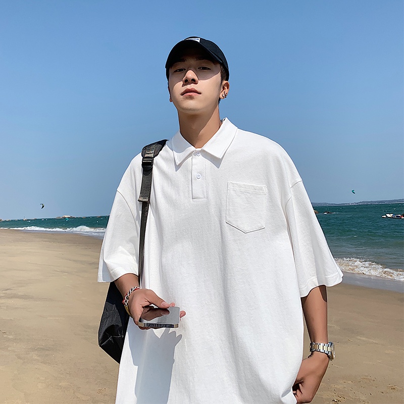 Pure Color POLO Shirt Short-sleeved Boys Summer New Harajuku Style T-shirt Trend Ins Loose Simple Wild Five-point Sleeve Men