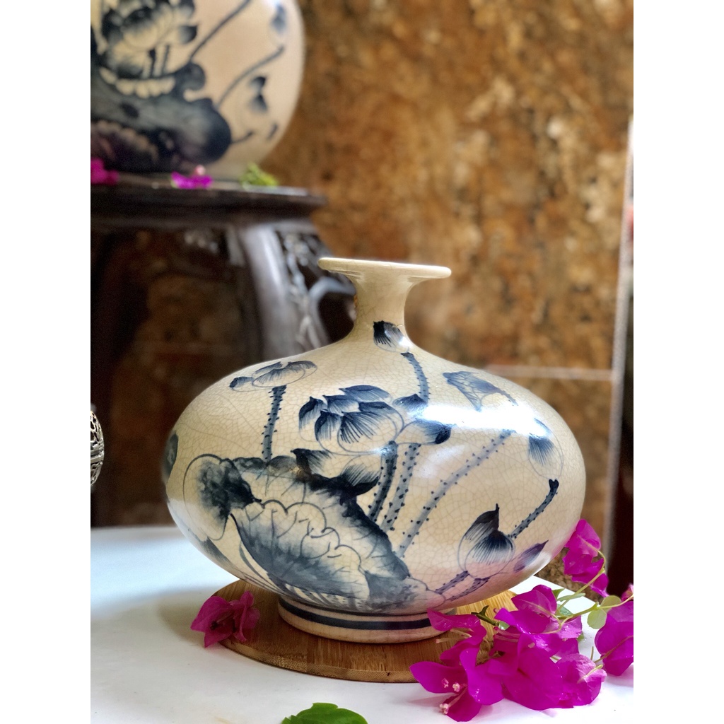 Tổng hợp Bình hút lộc, lọ hoa hút lộc vẽ Hoa Sen men Rạn gốm sứ bát tràng