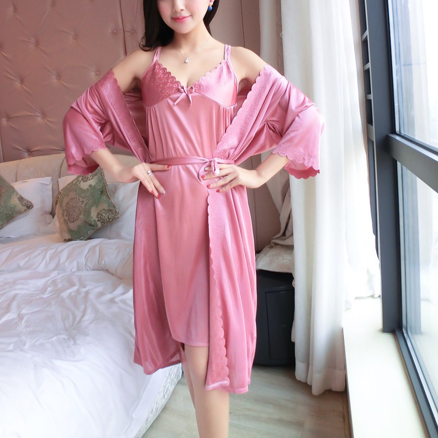 Váy ngủ nữ set bộ 2 dây sexy kèm áo khoác form rộng chất lụa satin cao cấp thoáng mát cực gợi cảm Đầm mặc nhà (TT2303