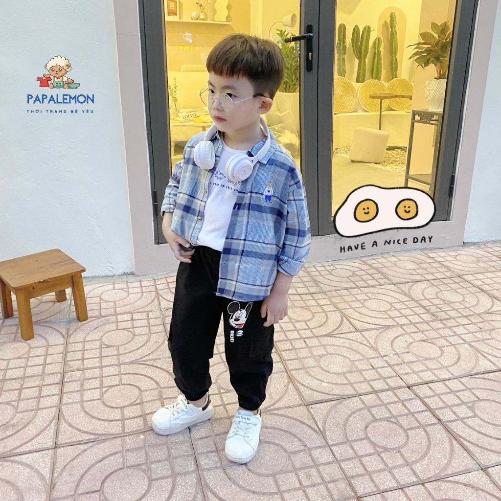 Áo sơ mi cho bé trai, BEEMO, A011 áo sơ mi dài tay bé trai kẻ karo in hình gấu cá tính, thấm hút mồ hôi tốt , PAPALEMON