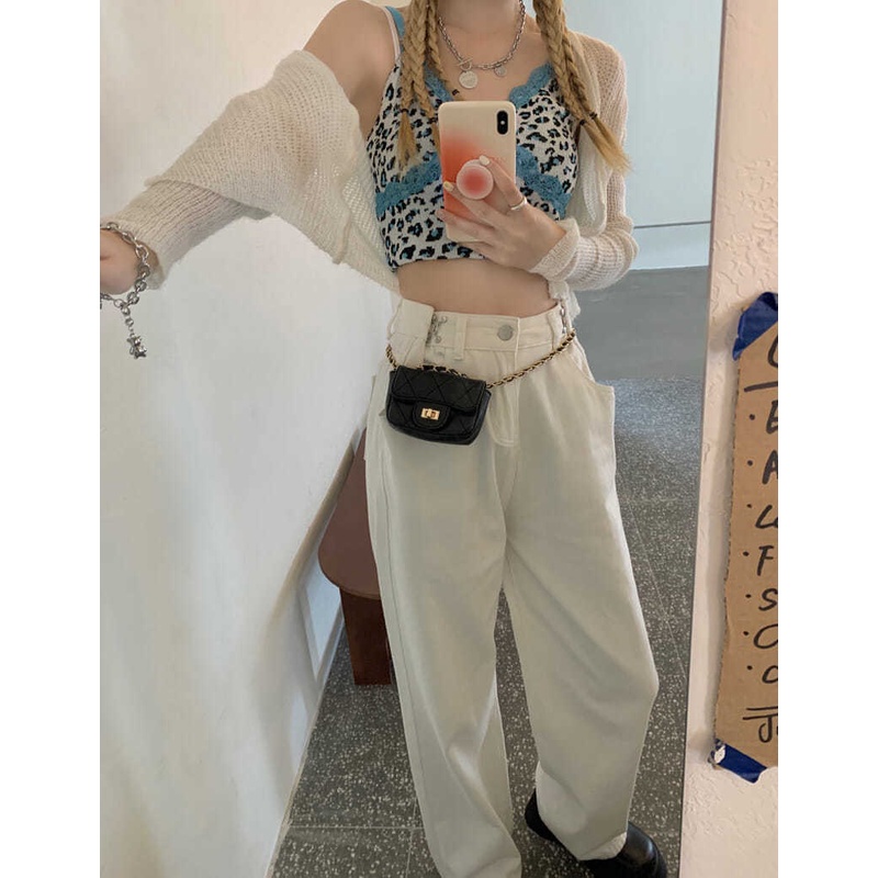 Quần denim ống rộng màu trắng phong cách Hàn Quốc thời trang mùa hè 2021 cho nữ
