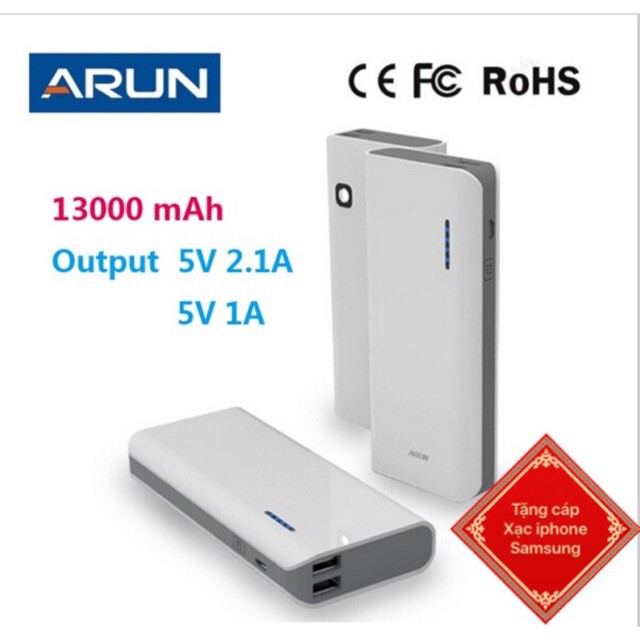 SẠC DỰ PHÒNG ARUN 13000 mAh (TẶNG CÁP IP7 ĐỎ)