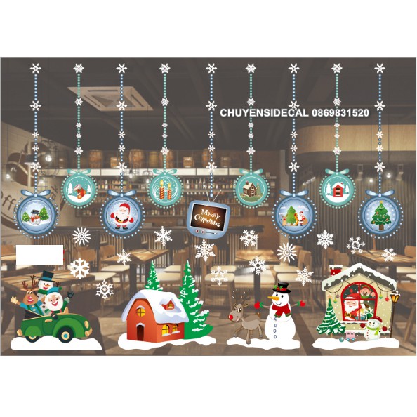 Decal trang trí tường Noel - Rèm Pha Lê Xanh và Noel vui nhộn