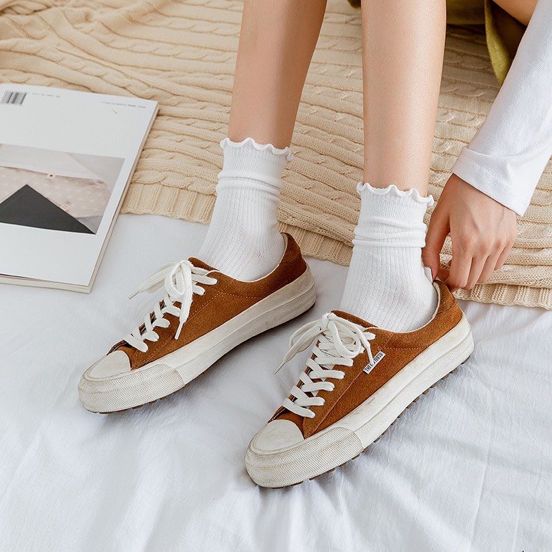 Tất vớ nữ cổ cao trơn bèo nhún Hàn Quốc cute cotton dày đẹp dễ thương Chichi T03