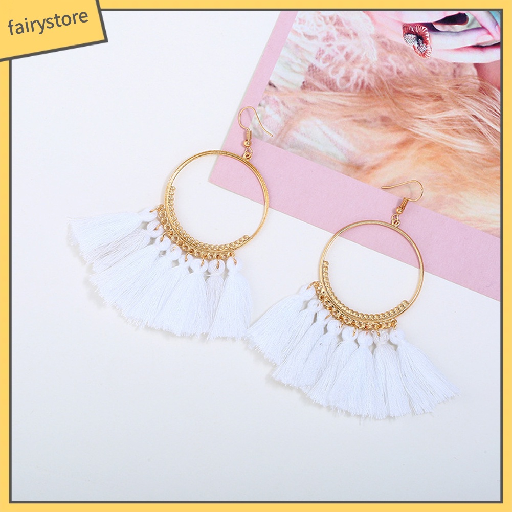 Khuyên Tai Tròn Đính Đá Phối Tua Rua Phong Cách Bohemian