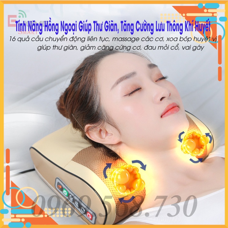 Gối Massage Cổ Vai Gáy Hồng Ngoại 16 Bi Cao Cấp Trị Liệu Công Nghệ Nhật Bản Osaka Chính Hãng