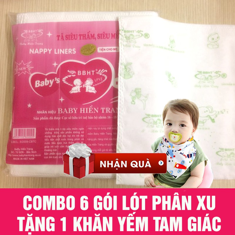 Combo 6 gói Miếng lót phân xu (gói 14 miếng) chống thấm 3 lớp tặng 1 Yếm tam giác xô cho bé