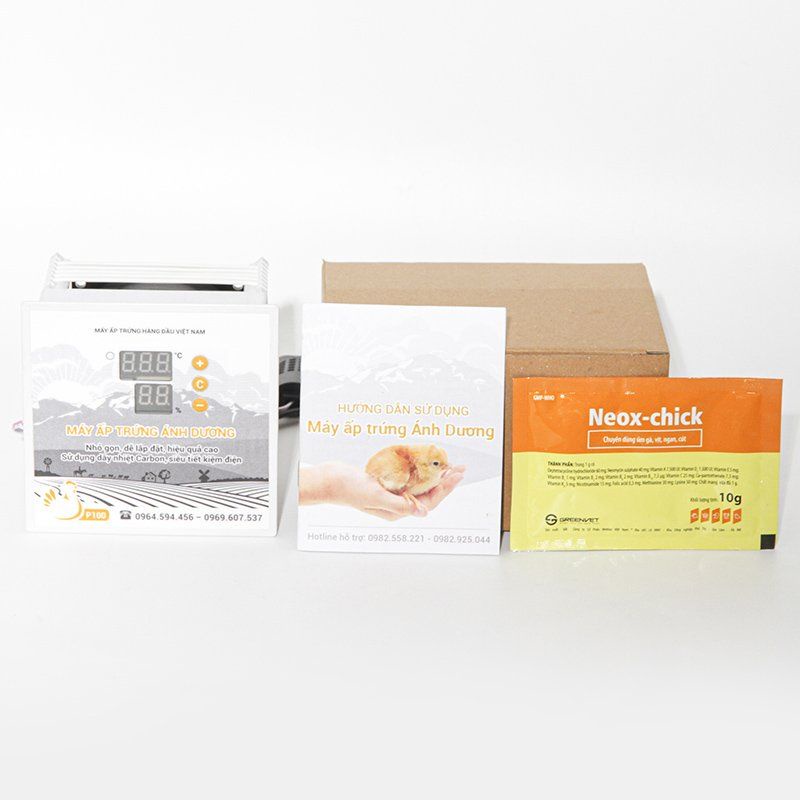 Máy Ấp Trứng Gà Ánh Dương P100 + 1 Gói Úm NeoChick + Sách Hướng Dẫn Sử Dụng.